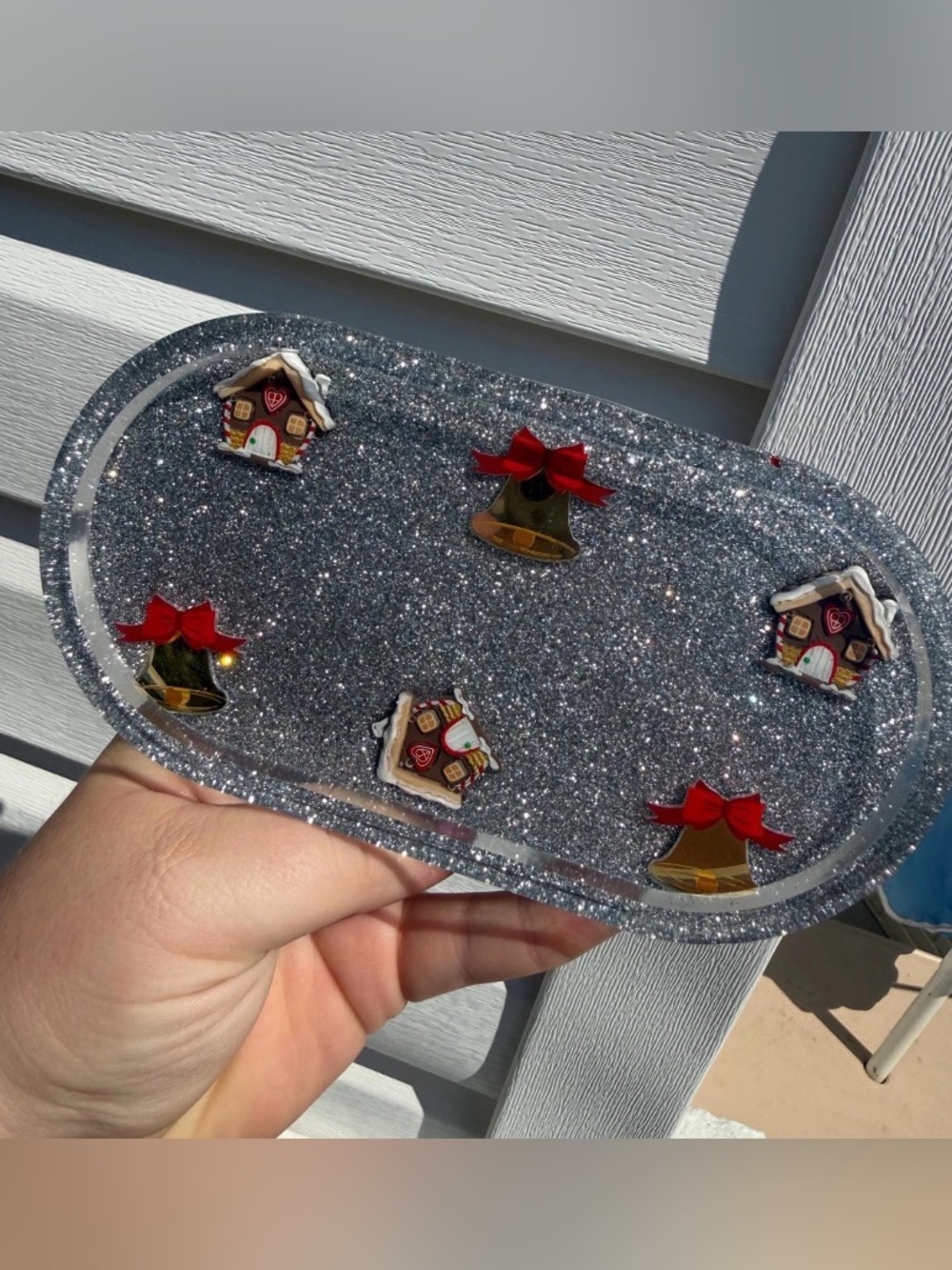 HANDMADE TRINKET Sparkle Glitter Tray with Holiday Charms - Silver